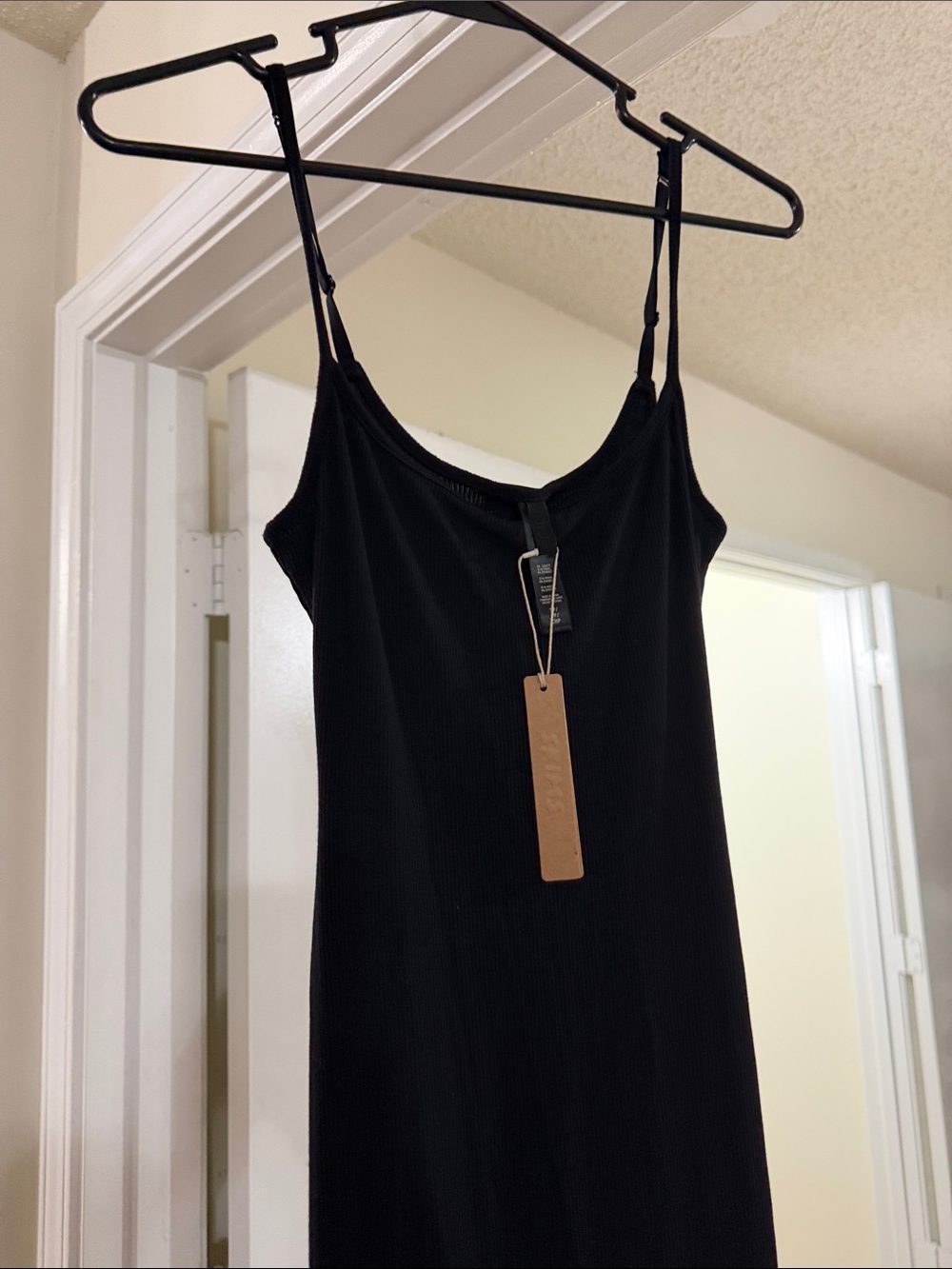 Black Ribbed Spaghetti Strap Dress -  Women
